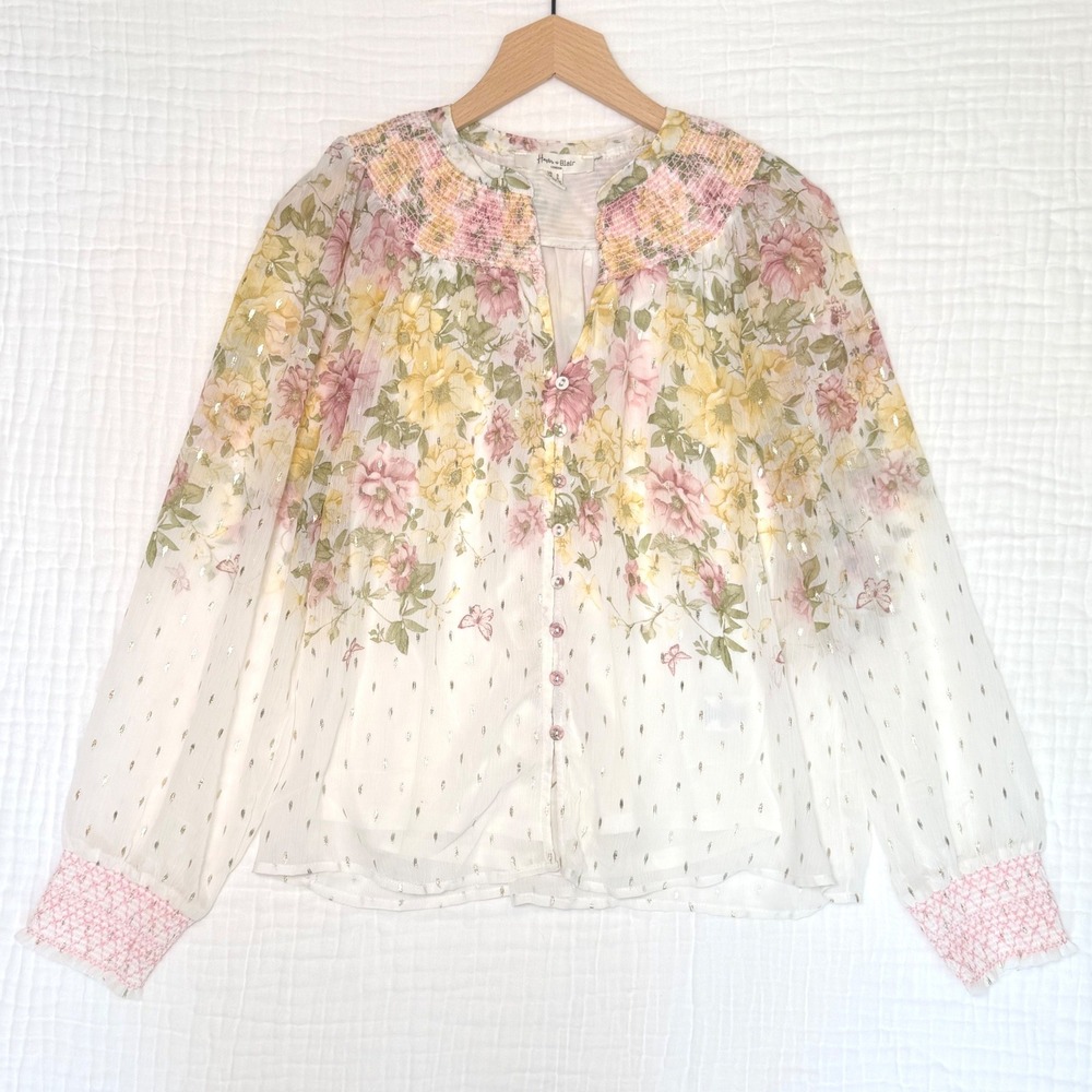 Haver Blair London Floral Gold Lurex Smocked Blouse Small Butterfly Cottagecore